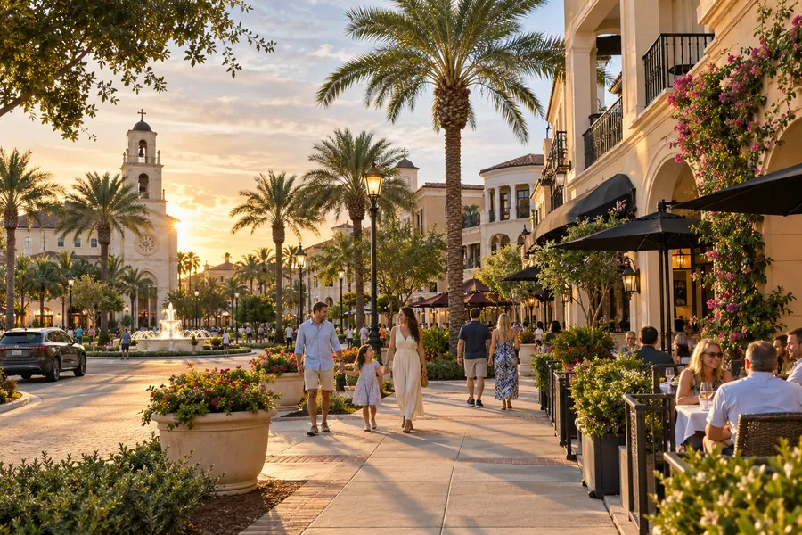 Conceptual view of Ave Maria Town Center with Mediterranean style buildings, palms and outdoor seating