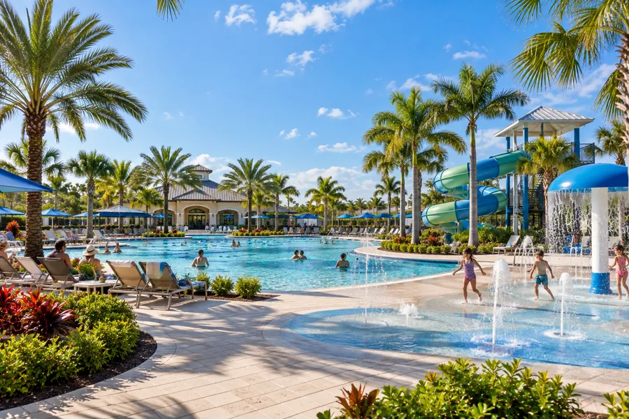 Conceptual view of the Ave Maria Water Park with a resort pool, slides and lap lanes