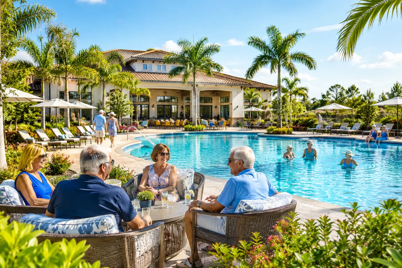 Conceptual scene of 55+ residents enjoying a resort pool at Del Webb Naples in Ave Maria