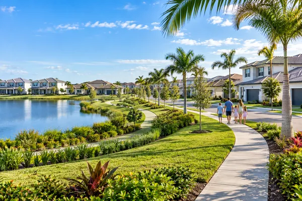 Conceptual street of new construction homes in Gatherpoint at Ave Maria