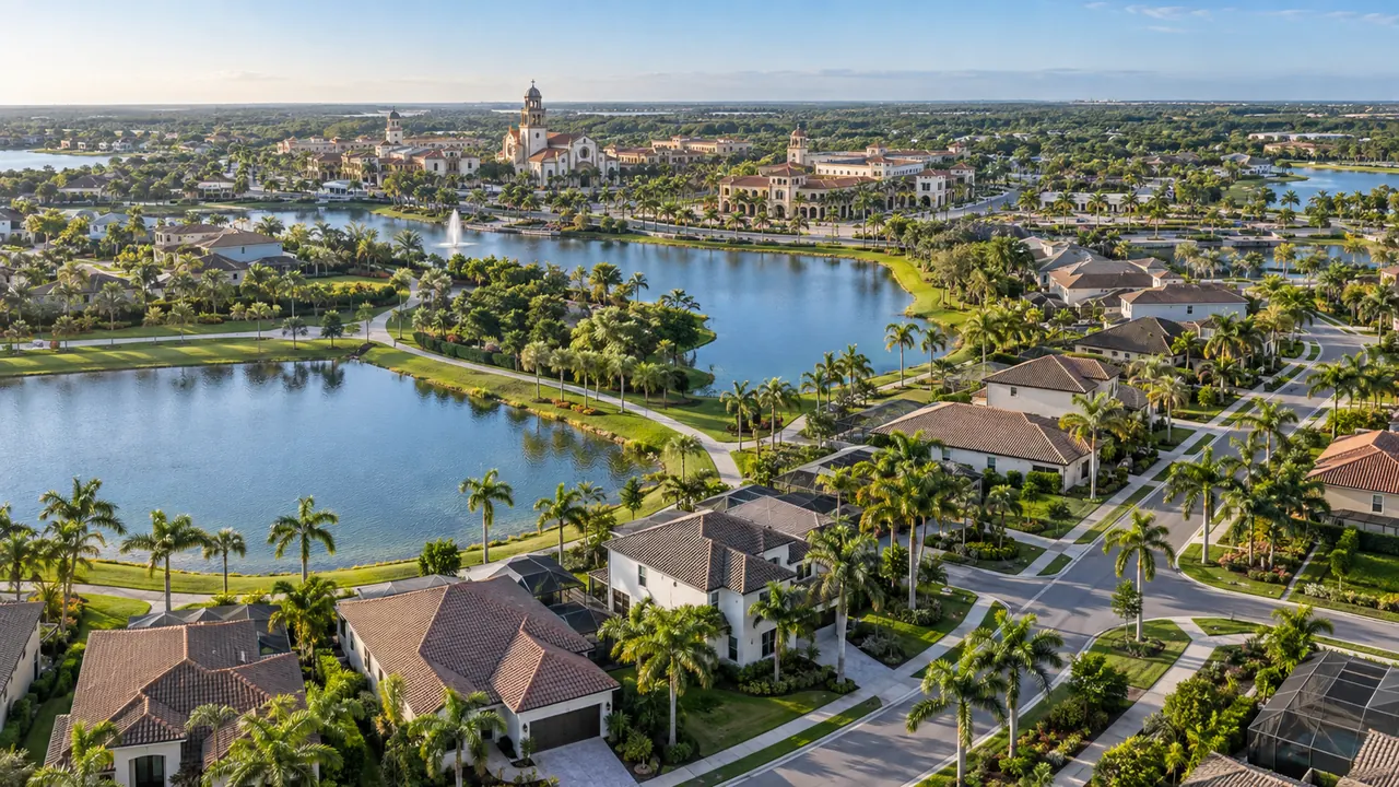 Conceptual aerial of Ave Maria lakes, roads and neighborhoods maintained through district and association budgets