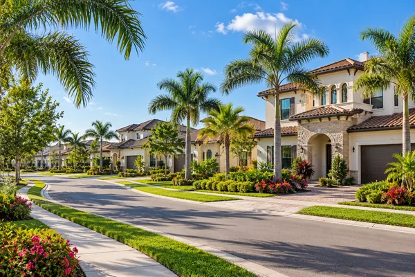 Conceptual view of single family homes and landscaping in Maple Ridge at Ave Maria