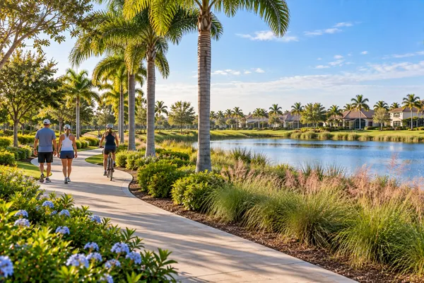 Conceptual view of a lakeside walking path in an established Ave Maria neighborhood